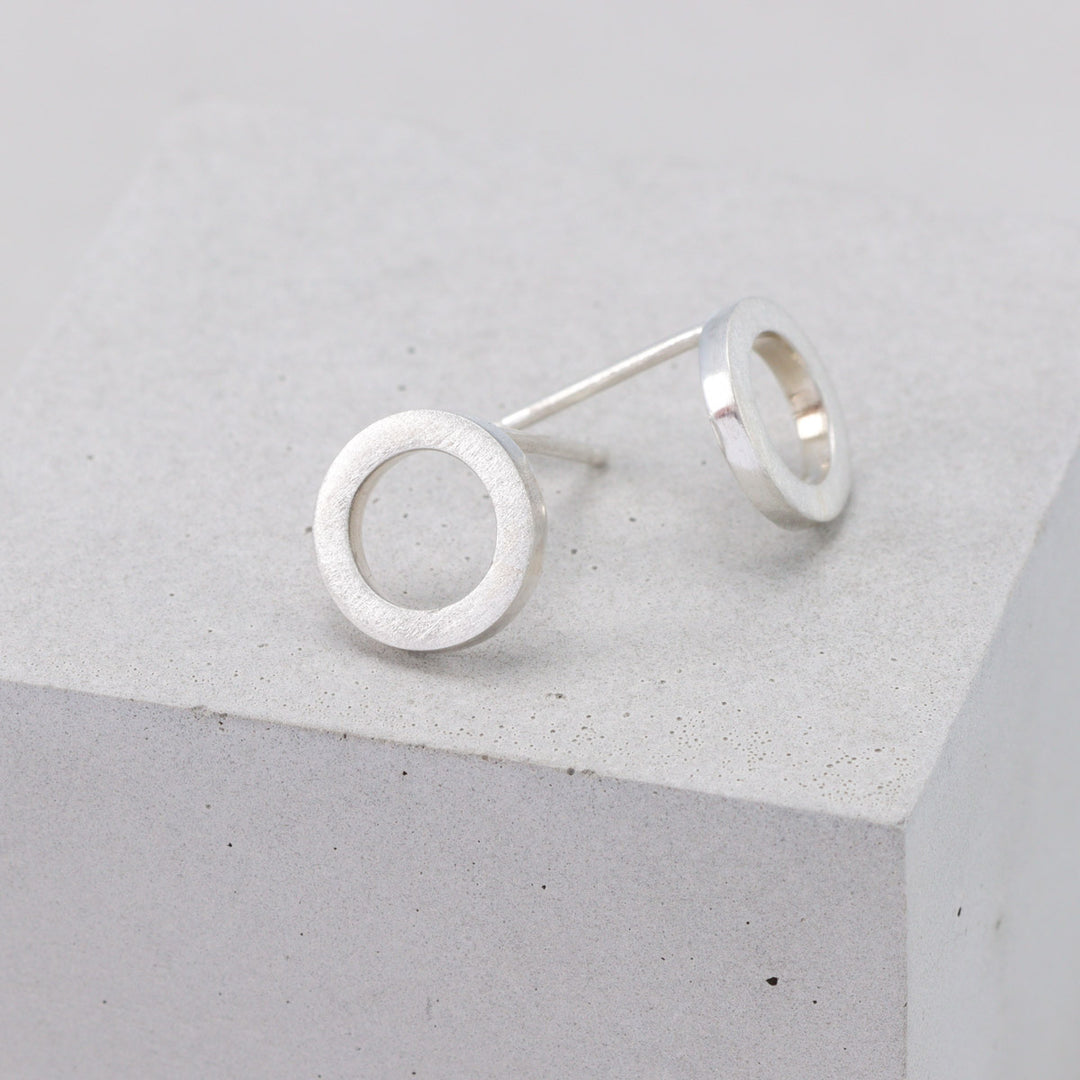 Handmade brushed sterling silver circular stud earrings 