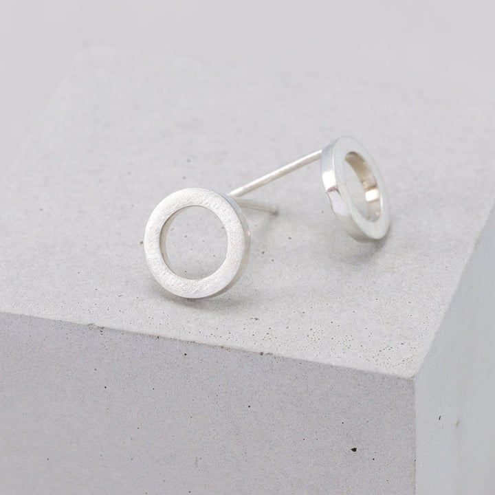 Handmade brushed sterling silver circular stud earrings 