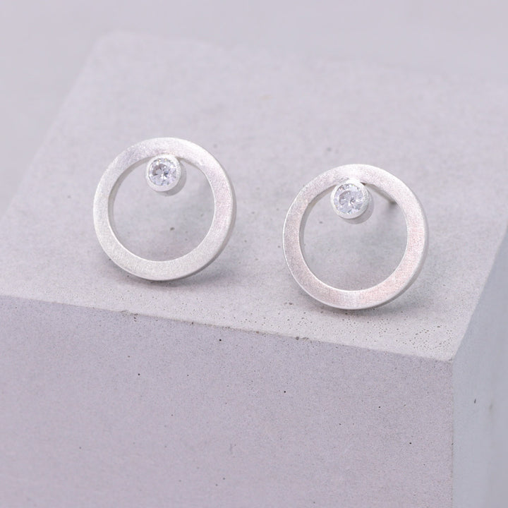 Frosted Silver Circular Earrings with CZ