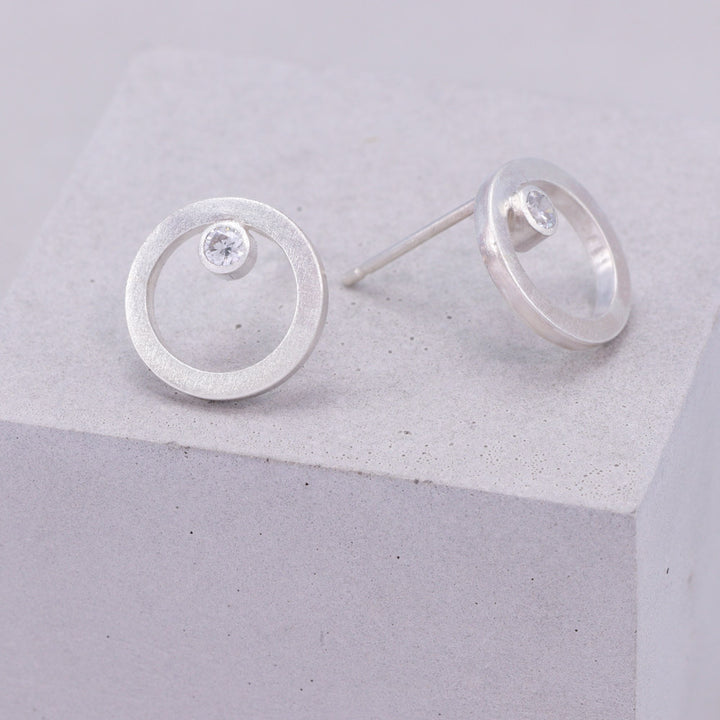 Frosted Silver Circular Earrings with CZ