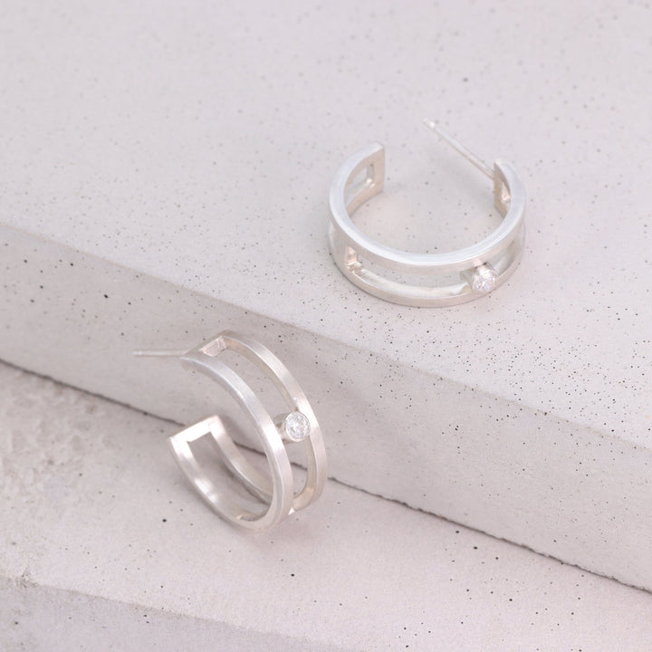 Brushed Silver Double Band Earrings with CZ