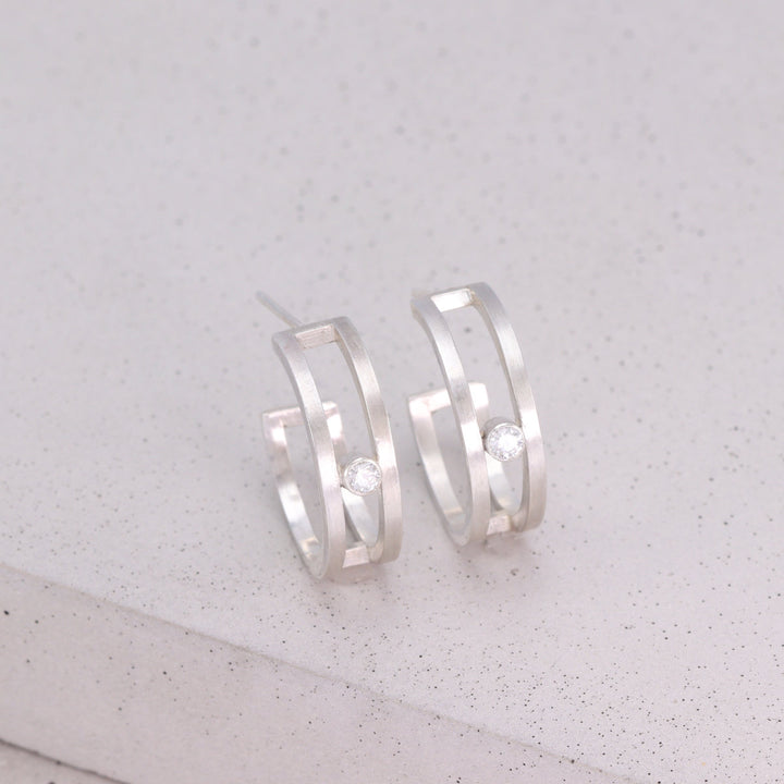 Brushed Silver Double Band Earrings with CZ