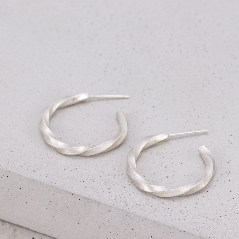 Brushed Silver Twisted Hoop Earrings