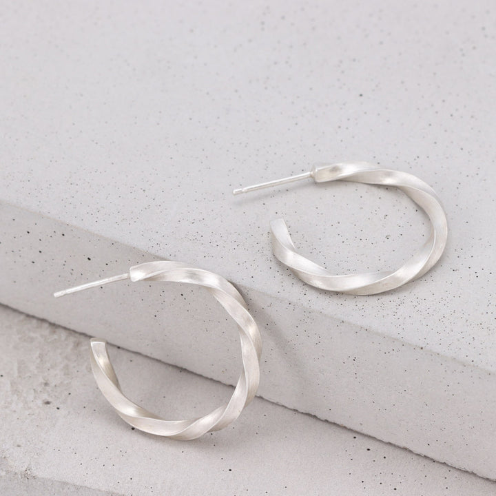 Brushed Silver Twisted Hoop Earrings