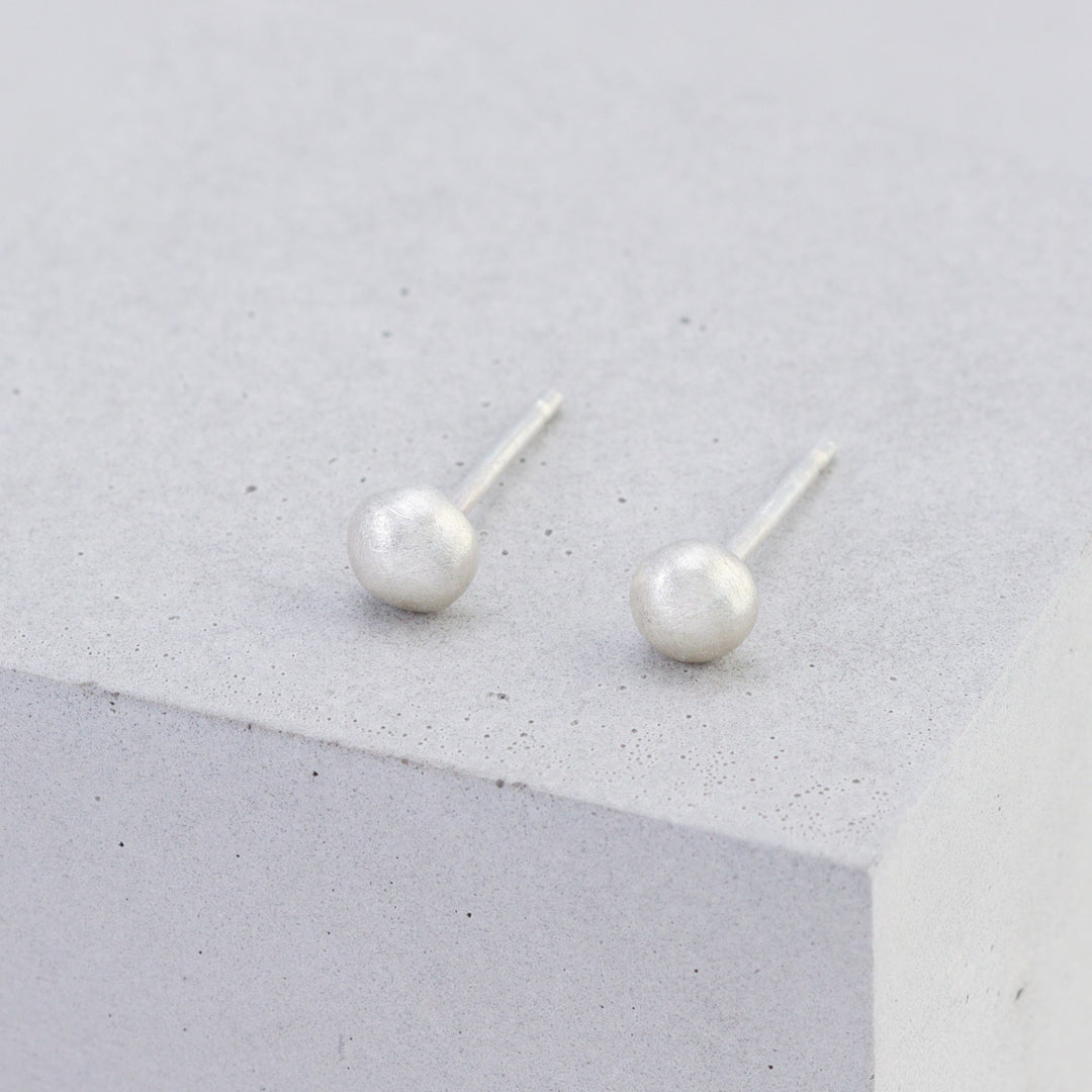 Small 4mm frosted sterling silver stud earrings handmade from recycled silver