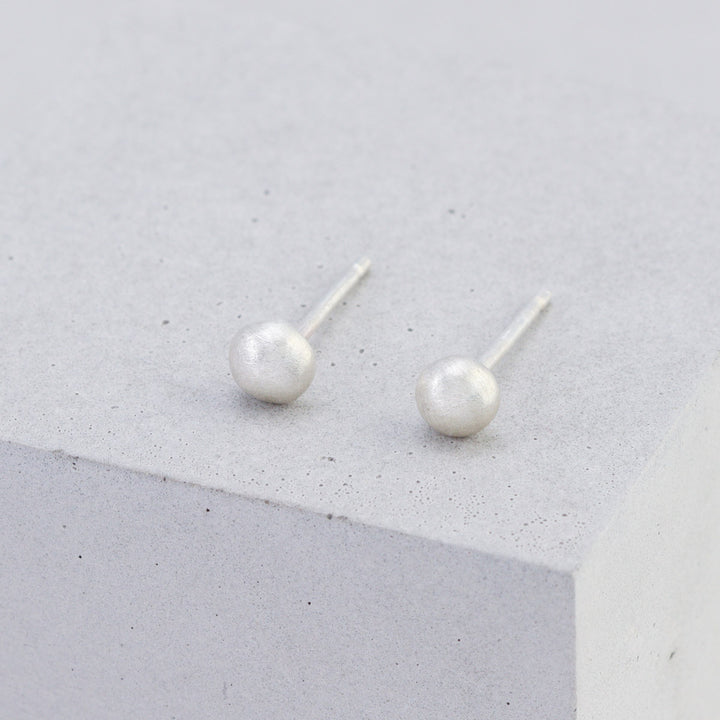 Small 4mm frosted sterling silver stud earrings handmade from recycled silver